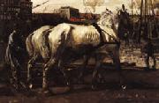 George-Hendrik Breitner Two White Horses Pulling Posts in Amsterdam